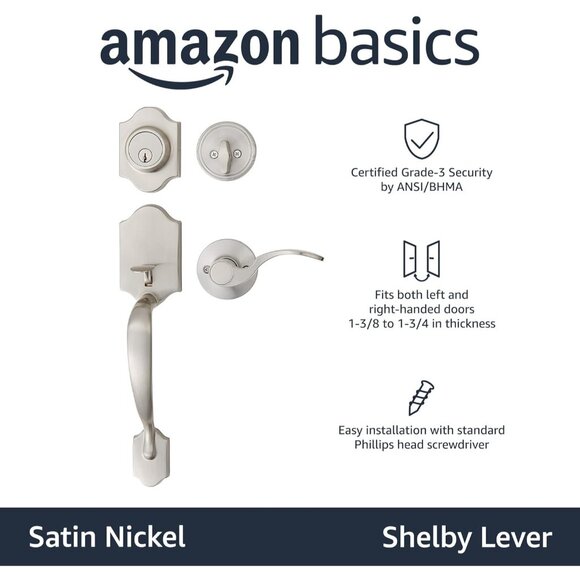 AMZ Basics Front Door Lock Set Handle Set Shelby Lever Level Handle Satin Nickel - Picture 2 of 11